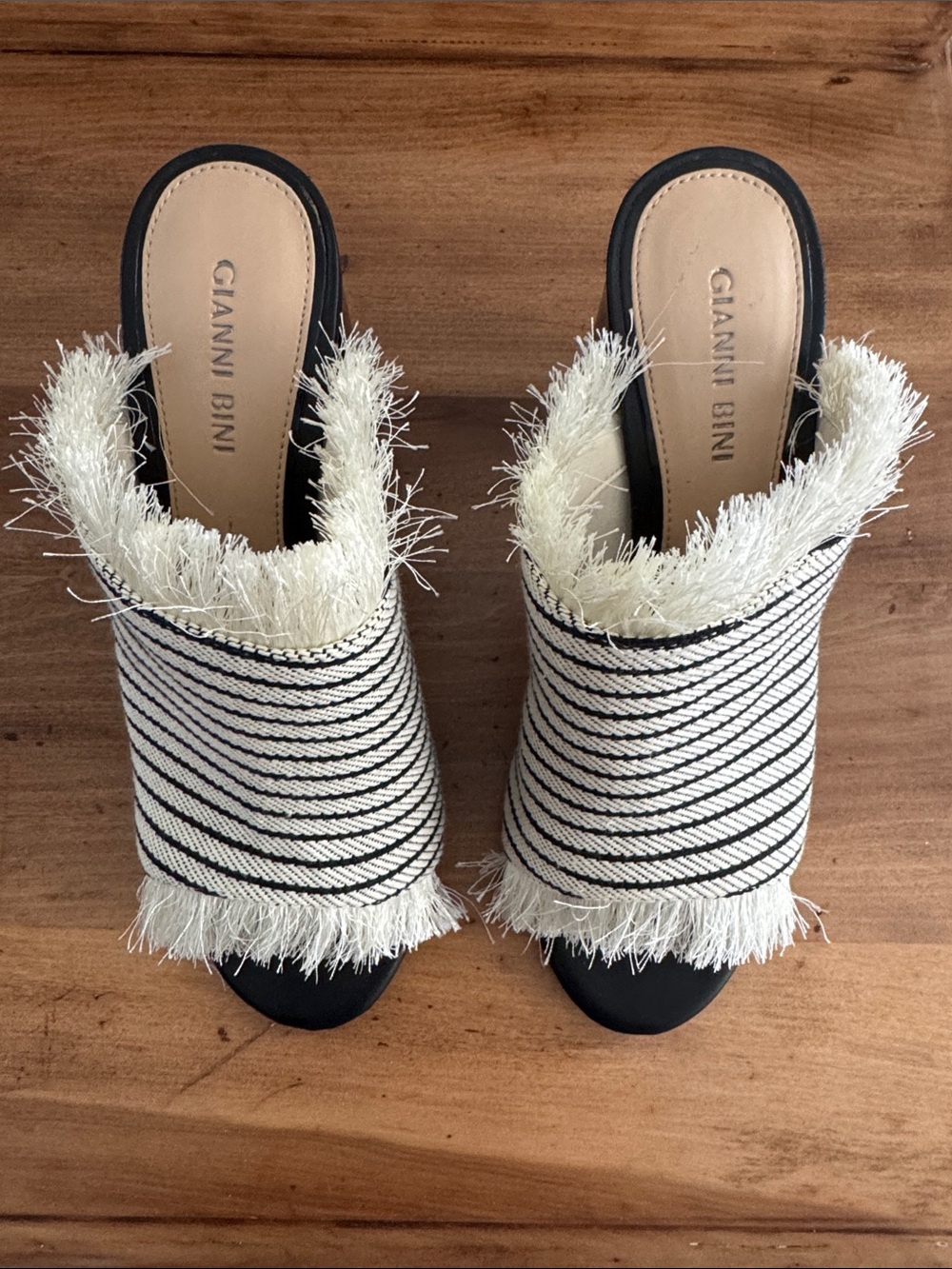 Gianni Bini Black and Cream Striped Fringe Block Heel Mules